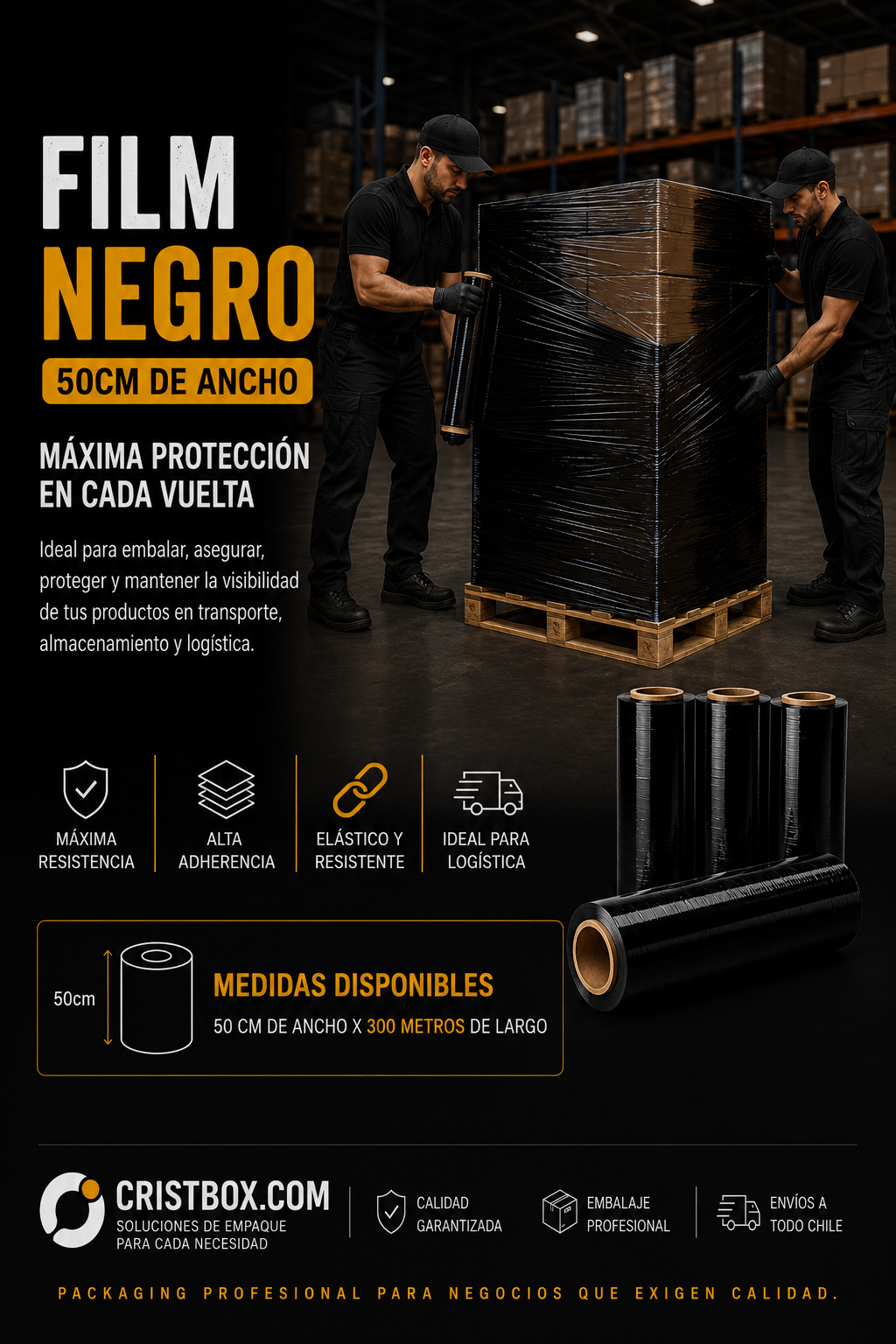 Film Stretch para Embalaje 300 Metros | Rollo Plástico Transparente y Negro Alta Resistencia