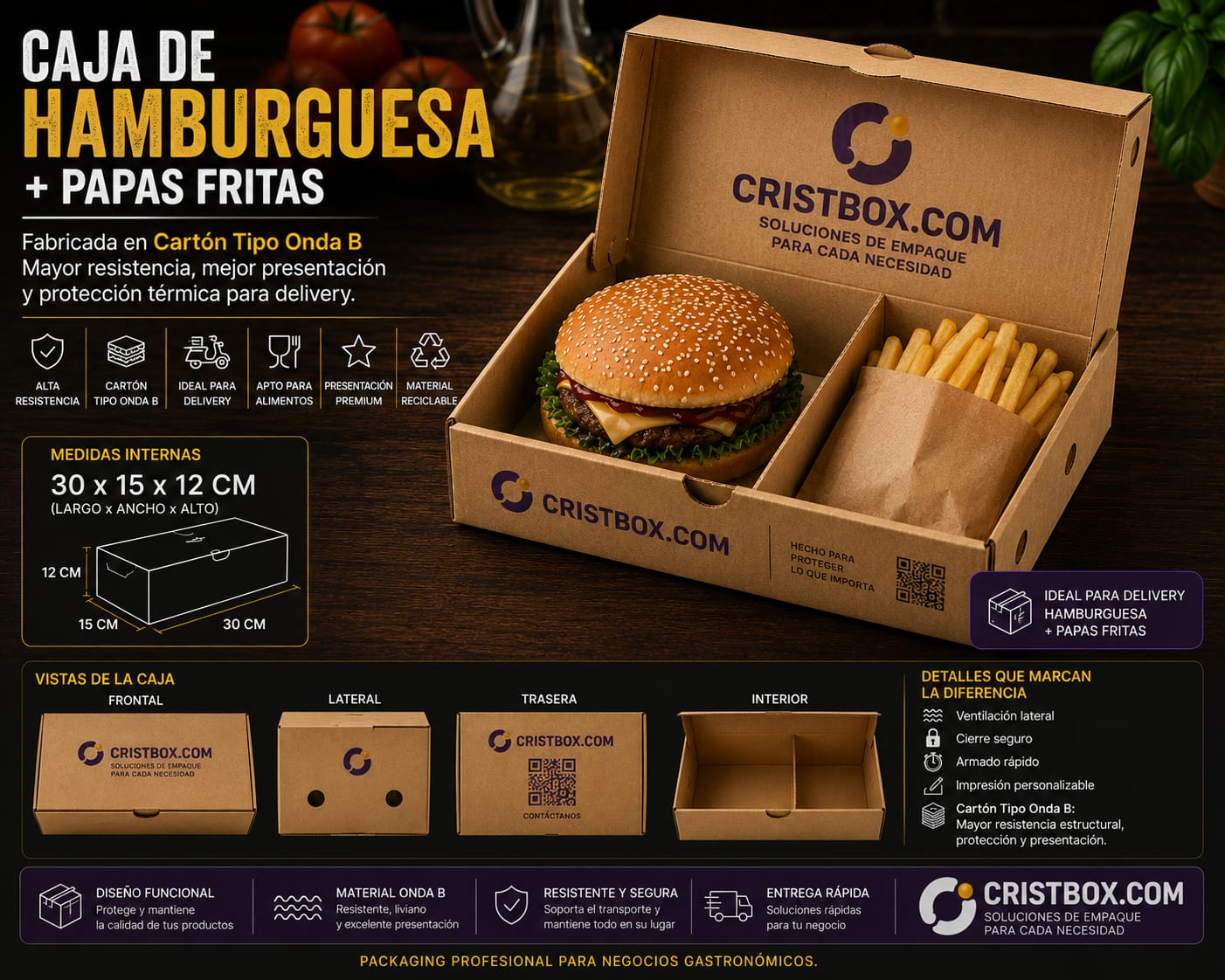 Caja para Hamburguesa y Patatas Fritas 30x15x12 cm | Envío a Domicilio y Embalaje para Alimentos